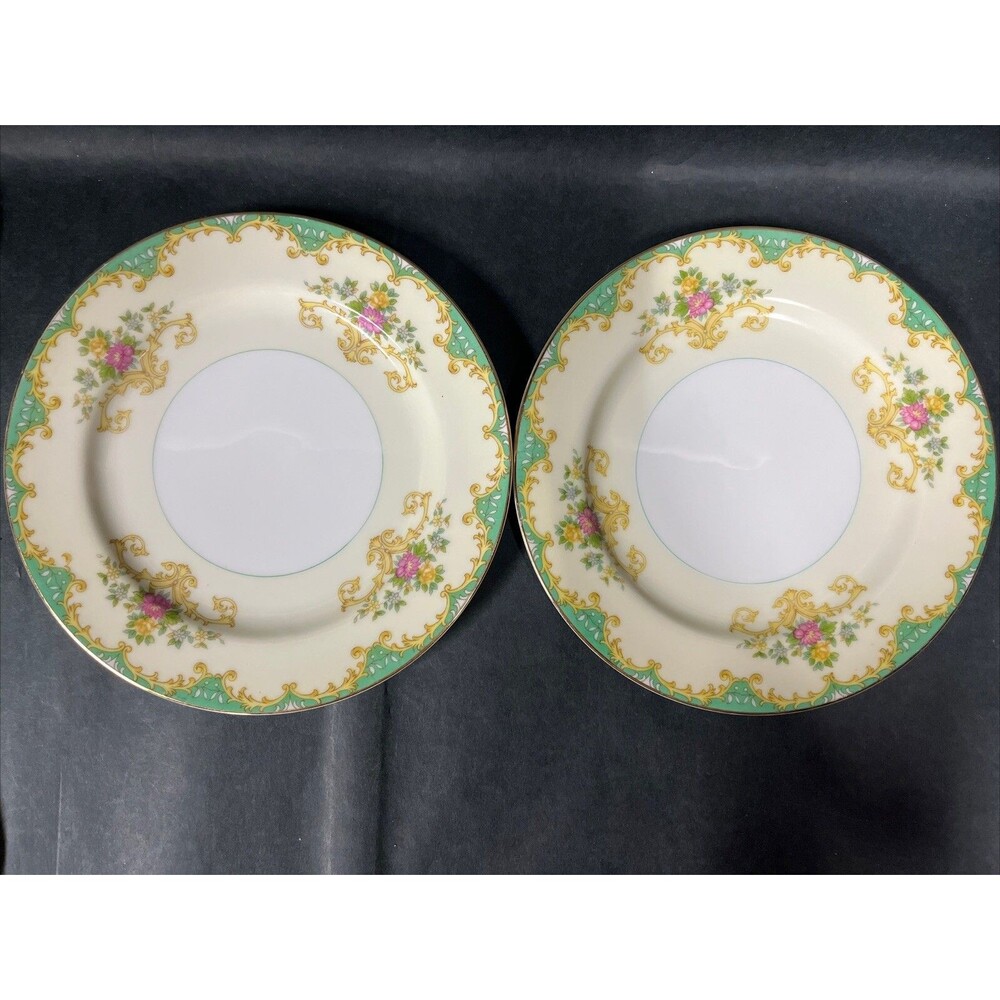 1930s Noritake Tiffany M Dessert Plates 7.5โ Gold Trim Ivory Aqua Beige 2 PC HTF